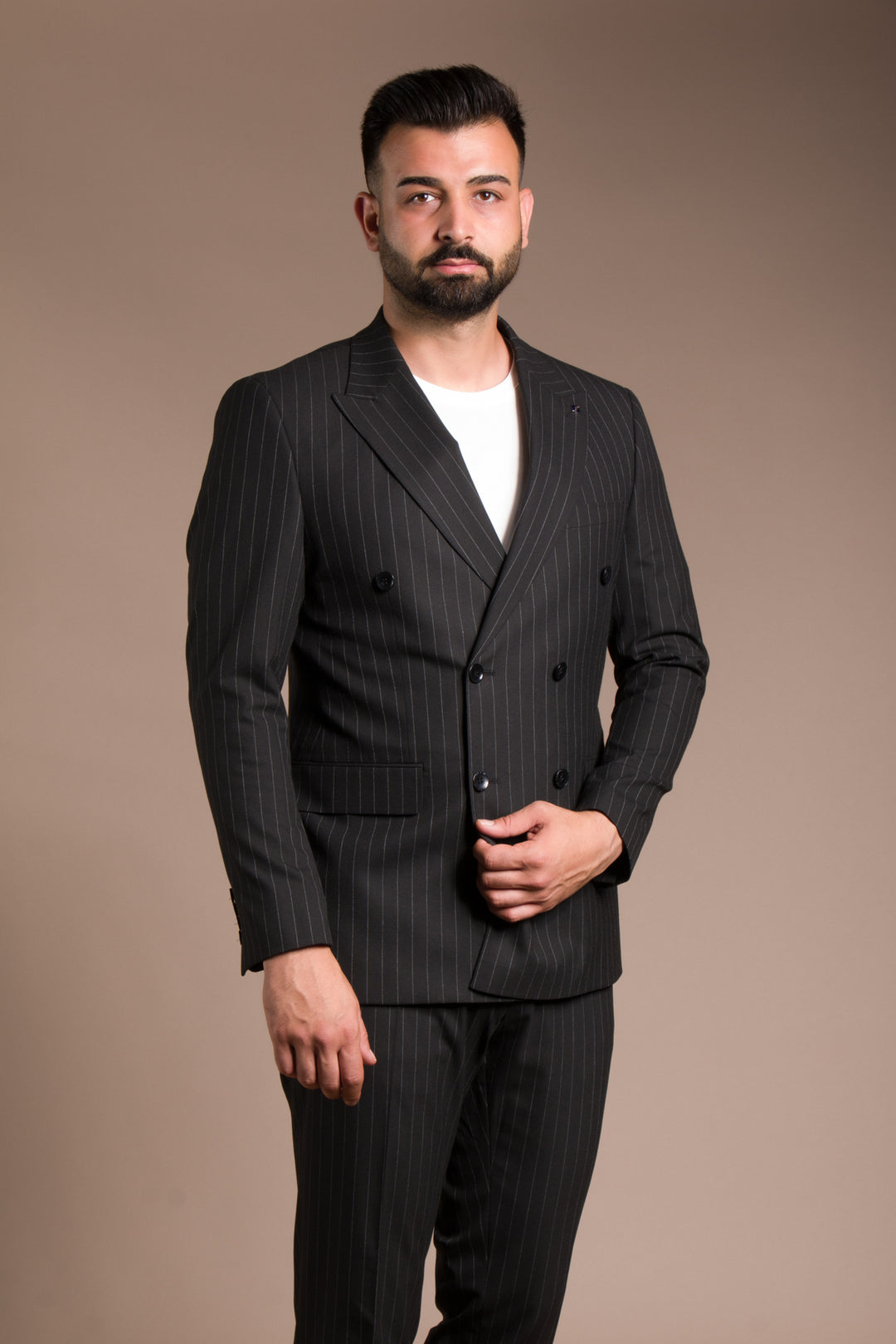 Slim Fit Çizgili Kruvaze Takım Elbise