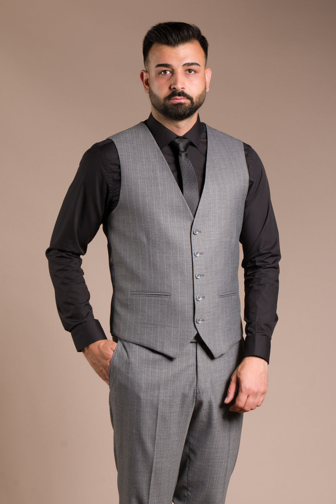 Çizgili Slim Fit Yelekli Takım Elbise