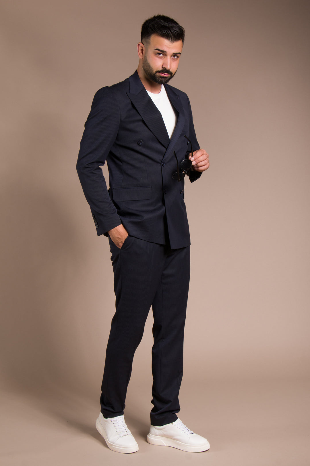 Çizgili Slim Fit Kruvaze Takım Elbise