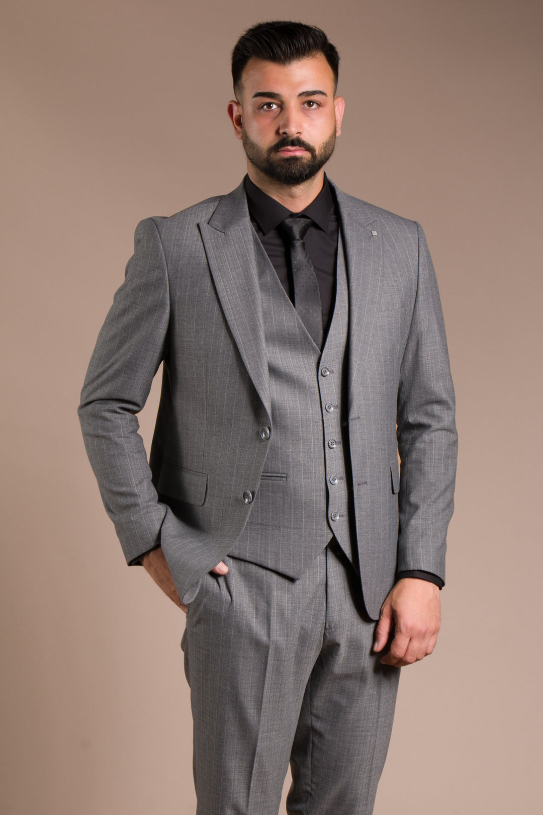 Çizgili Slim Fit Yelekli Takım Elbise