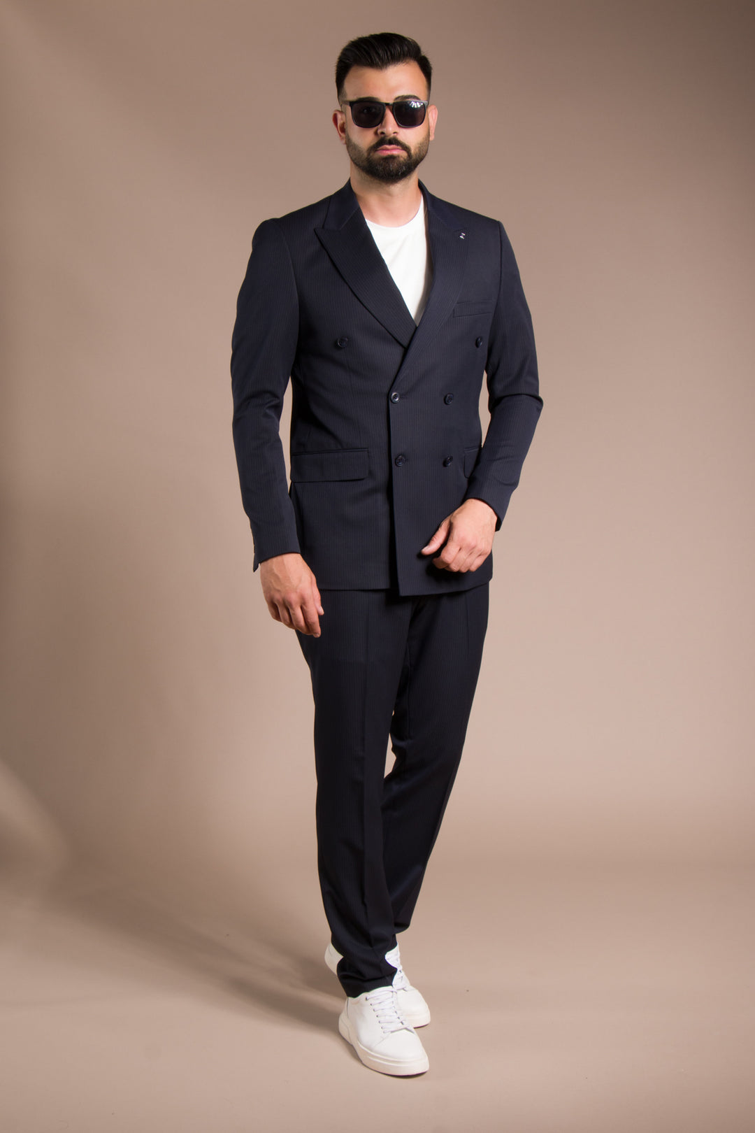 Çizgili Slim Fit Kruvaze Takım Elbise
