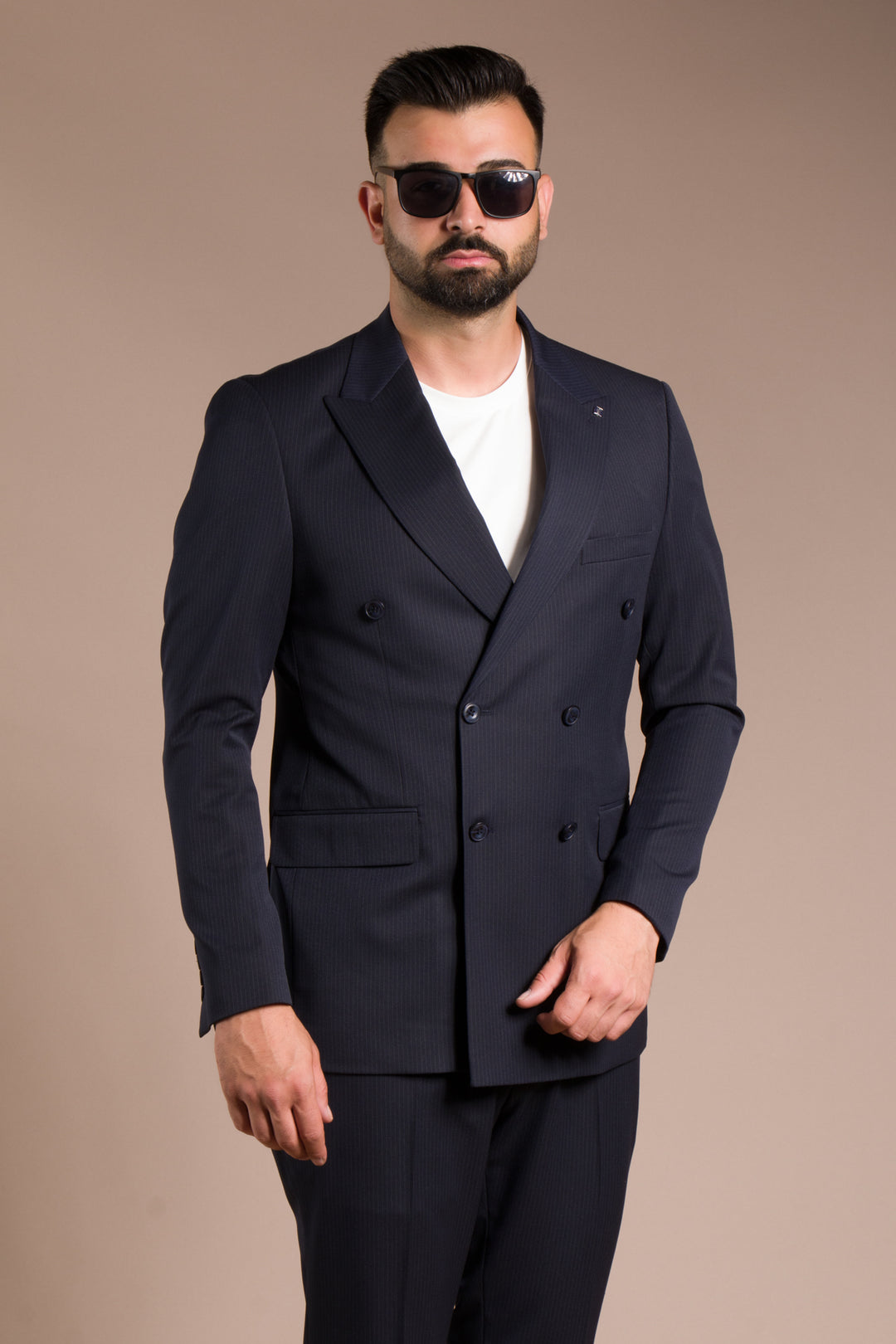 Çizgili Slim Fit Kruvaze Takım Elbise