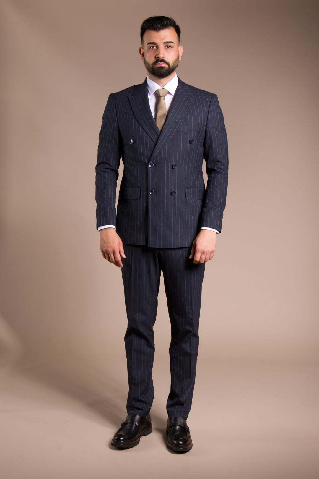 Slim Fit Çizgili Kruvaze Takım Elbise