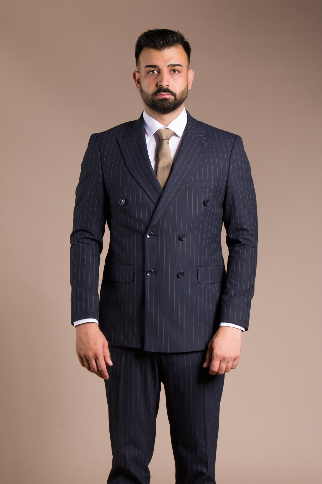 Slim Fit Çizgili Kruvaze Takım Elbise