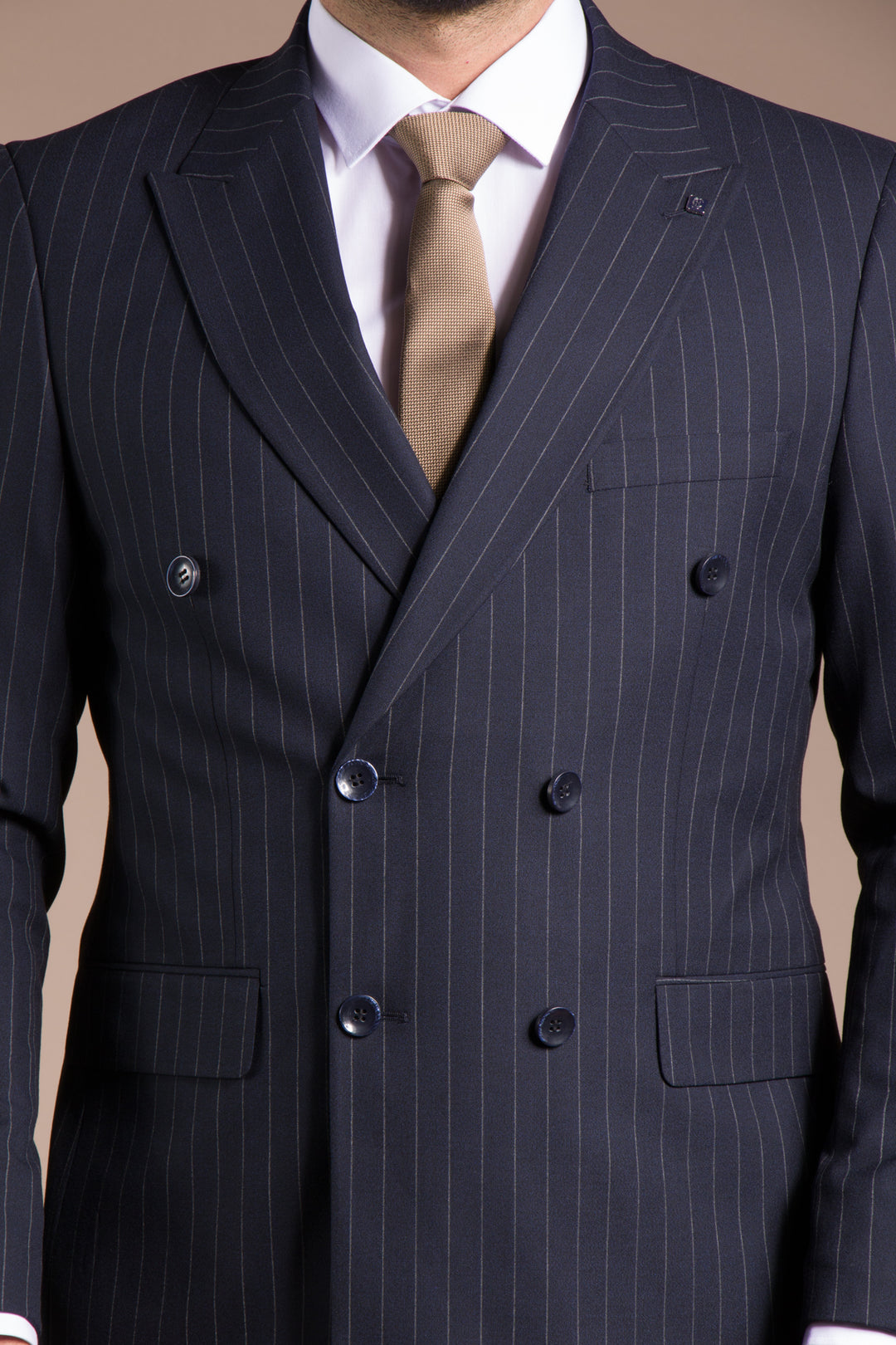 Slim Fit Çizgili Kruvaze Takım Elbise
