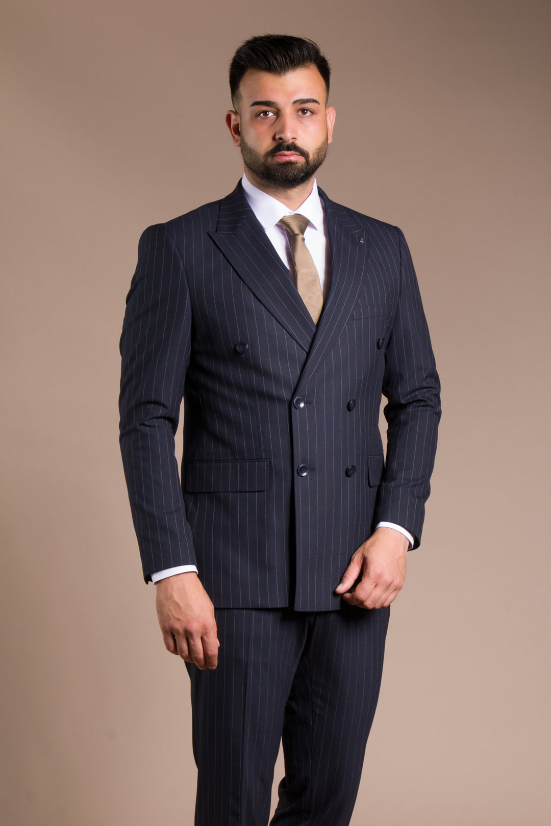 Slim Fit Çizgili Kruvaze Takım Elbise